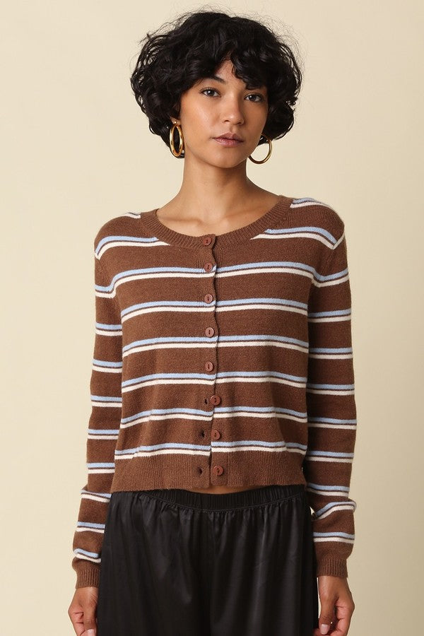 Olivaceous Anella Stripe Knit Cardi in Coffee LT Blue Cream, front view