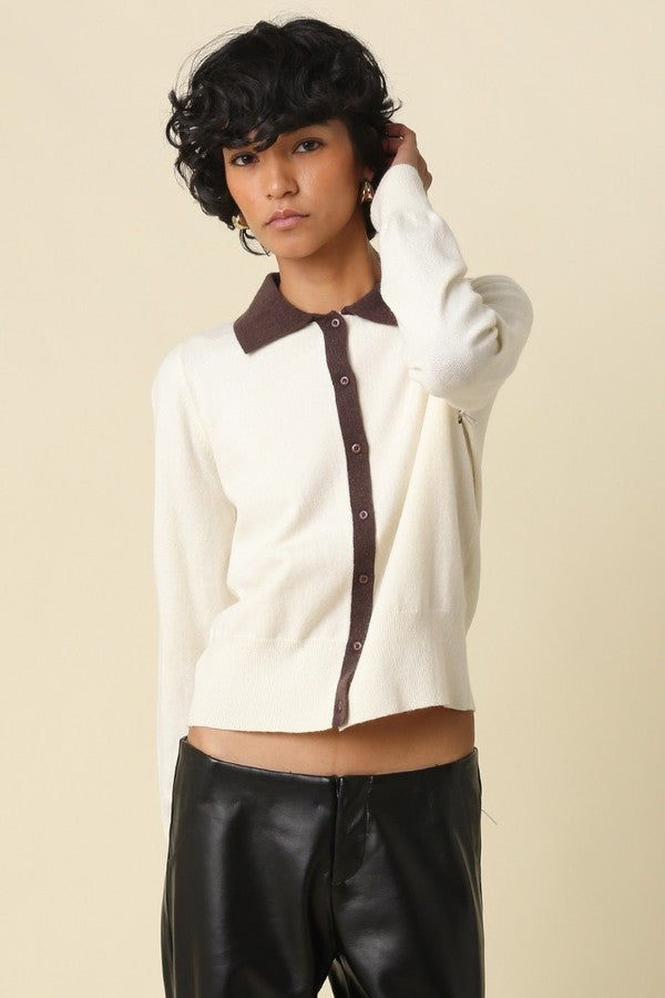 Olivaceous Lean Contrast Trim Knit Cardigan in Ivory Brown, front view