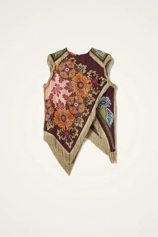 Mccolin Asymmetrical Fringe Cross Top in Wine displayed flat, back view.