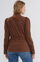 Liverpool Puff Sleeve Trucker Jacket with Ruffle Collar in Carob Brown, model back view