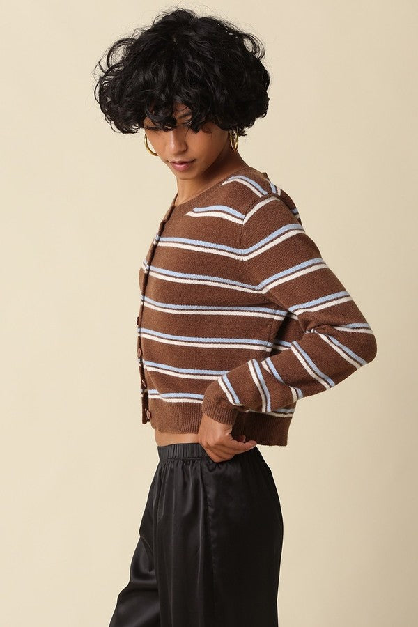 Olivaceous Anella Stripe Knit Cardi in Coffee LT Blue Cream, side view