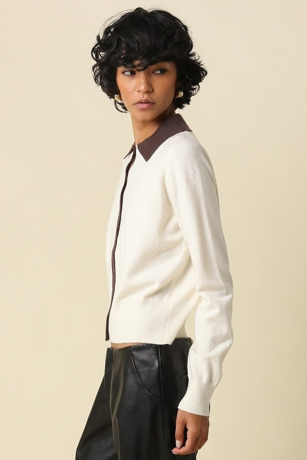 Olivaceous Lean Contrast Trim Knit Cardigan in Ivory Brown, side view