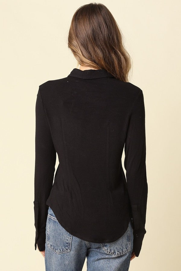 Olivaceous Elena Long Sleeve Henley Top in Black, back view