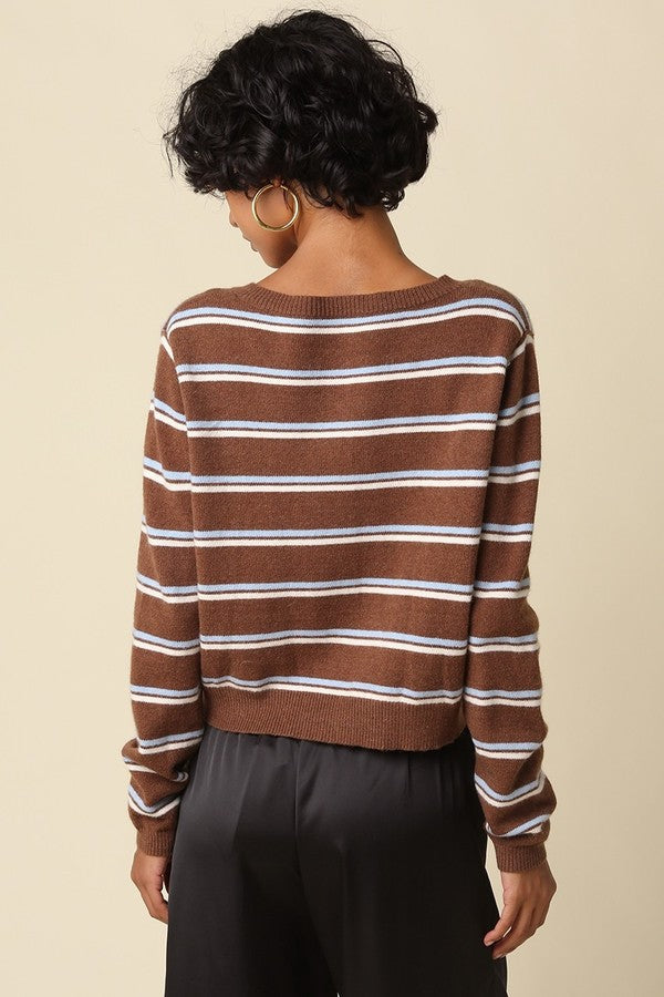 Olivaceous Anella Stripe Knit Cardi in Coffee LT Blue Cream, back view