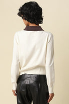 Olivaceous Lean Contrast Trim Knit Cardigan in Ivory Brown, back view