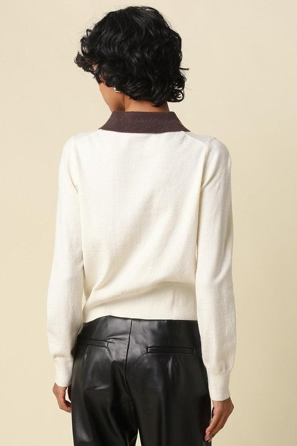 Olivaceous Lean Contrast Trim Knit Cardigan in Ivory Brown, back view