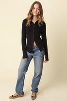 Olivaceous Elena Long Sleeve Henley Top in Black, front full-length view