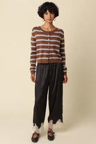 Olivaceous Anella Stripe Knit Cardi in Coffee LT Blue Cream, front full-length view