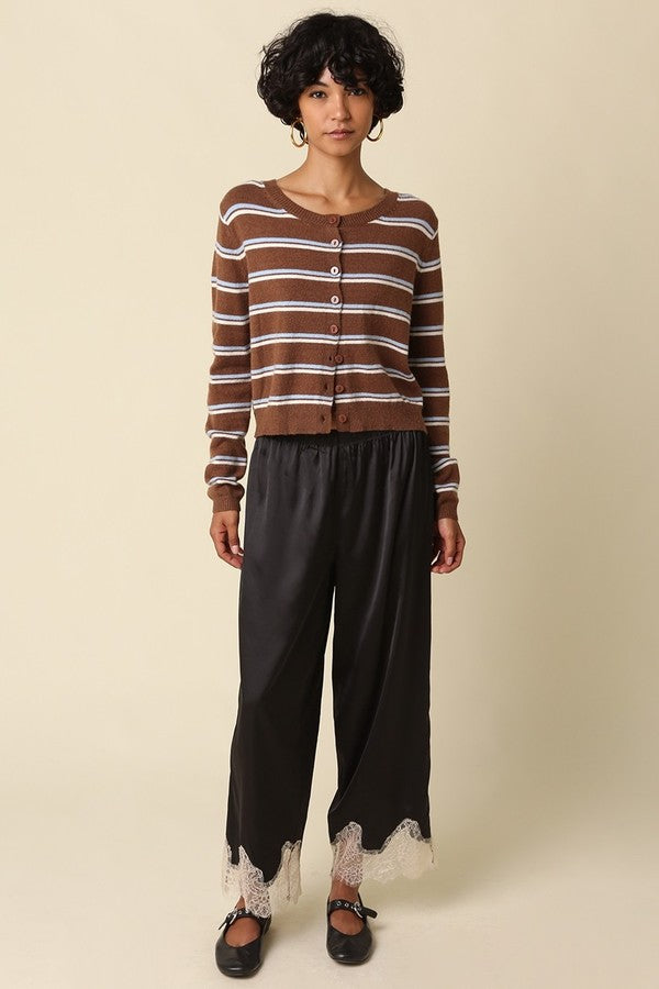 Olivaceous Anella Stripe Knit Cardi in Coffee LT Blue Cream, front full-length view