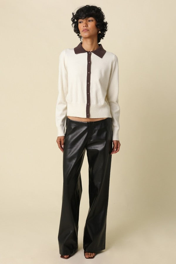 Olivaceous Lean Contrast Trim Knit Cardigan in Ivory Brown, front full-length view