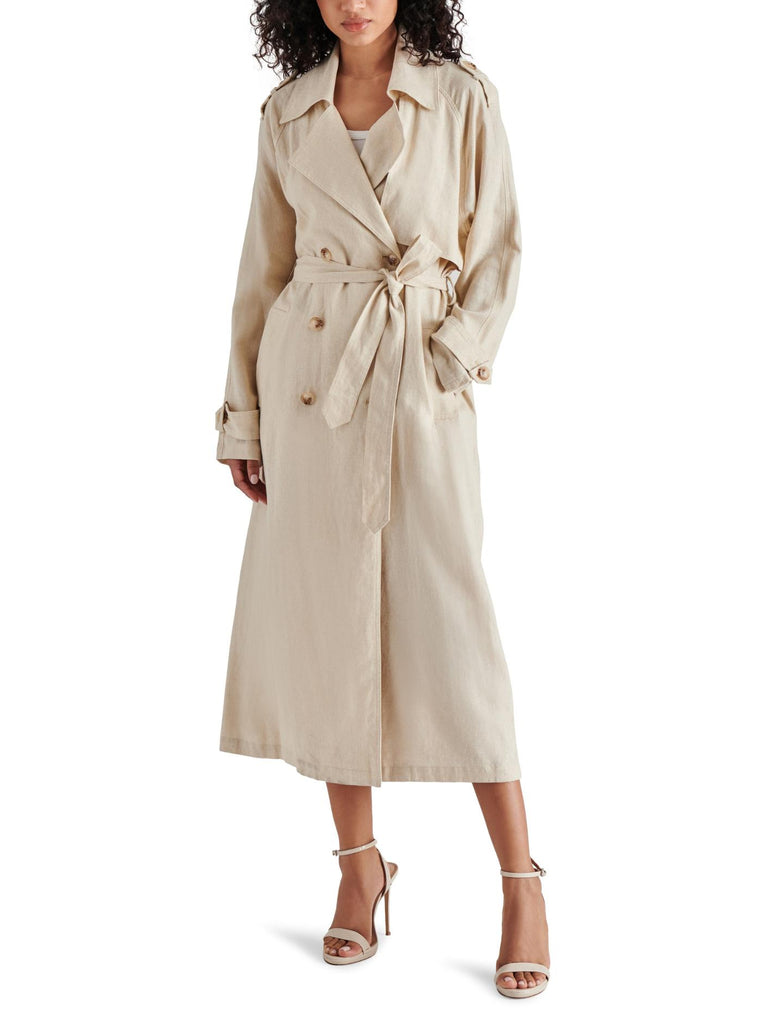 Steven Madden Lennox Trench Natural. A linen-forward fabric lends a casual vibe to a classic trench coat shaded in a neutral hue and decked out in all the classic details.