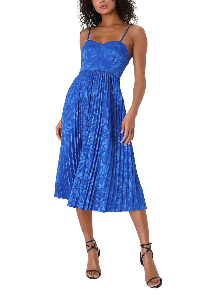 Anastasia Pleated Midi Dress Cobalt Blue. This midi dress features sleek woven satin, with floral embossing, adjustable spaghetti straps that support a bustier-inspired bodice with a high waist. Skirt features elegant pleating as it falls to a midi hem.