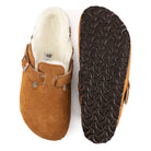 Birkenstock Mink Boston Shearling Clog Mink. This exceptionally cozy version of the Boston clog is made of real, very high-quality suede. The shearling footbed and strap lining exudes style and keeps feet warm. The perfect shoe for cozy winter evenings.