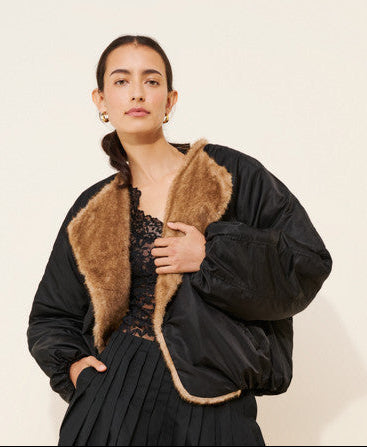 faux fur bomber jacket, women’s black bomber jacket, cozy winter jacket, cropped bomber jacket, chic outerwear, fall winter jacket women, trendy women’s jacket, faux fur trim jacket, statement outerwear