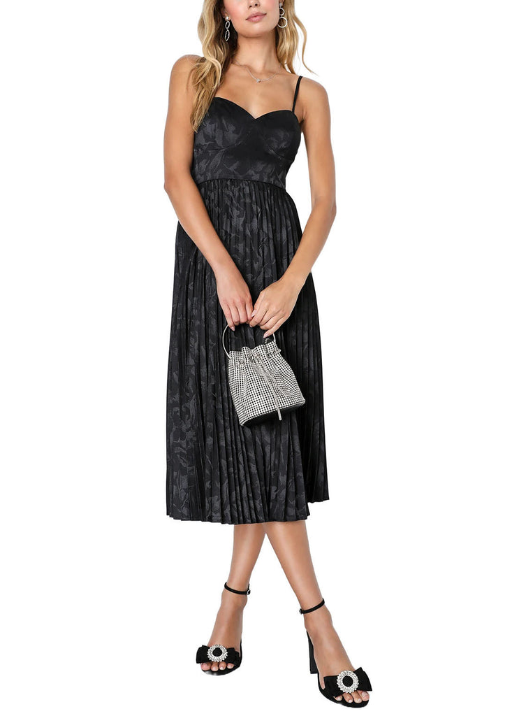 Anastasia Pleated Midi Dress Black. This midi dress features sleek woven satin, with floral embossing, adjustable spaghetti straps that support a bustier-inspired bodice with a high waist. Skirt features elegant pleating as it falls to a midi hem.