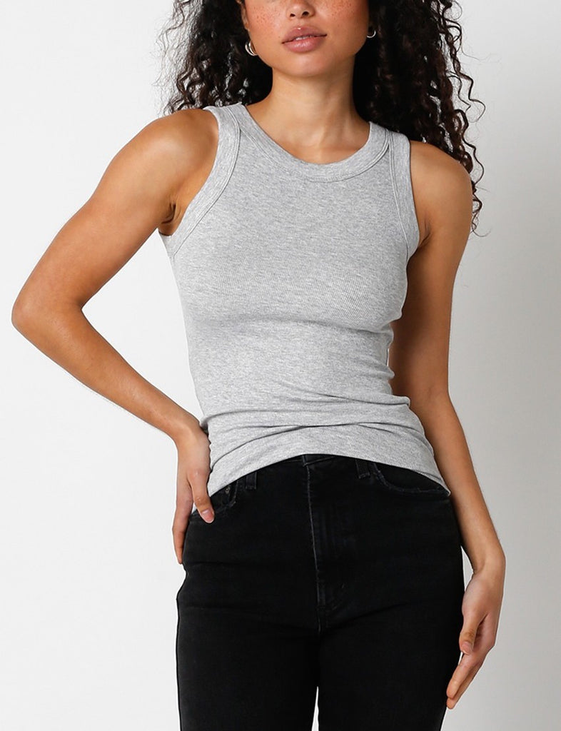 Tiana Ribbed Scoop Neck Tank Grey. This ribbed scoop neck tank is a must have basic, made in a super soft fabric with a stretchy fitted design perfect for layering or wearing on its own.