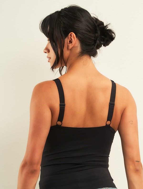 Curds & Whey Deep V-Neck Adjustable Strap Tank Top in Black, back view