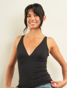 Curds & Whey Deep V-Neck Adjustable Strap Tank Top in Black, front view
