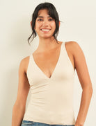 Curds & Whey Deep V-Neck Adjustable Strap Tank Top in Bone, front view