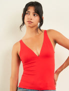 Curds & Whey Deep V-Neck Adjustable Strap Tank Top in Red, front view