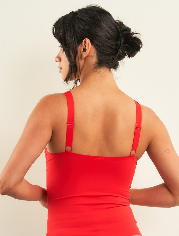 Curds & Whey Deep V-Neck Adjustable Strap Tank Top in Red, back view