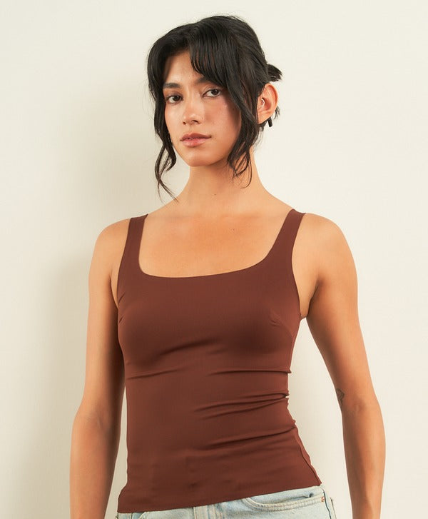 Curds & Whey Square Neck Tank Top in Brown, front view
