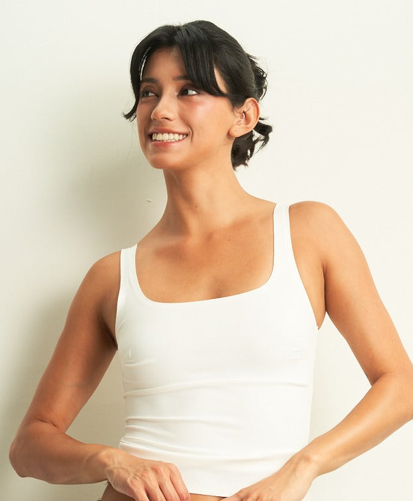 Curds & Whey Square Neck Tank Top in White, front view