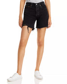 Levi 501 Black Mid Thigh Short Lunar Black. Wear your favorite 501s through the warmer months with classic, straight-fit mid length shorts crafted from dark denim with authentic distressing at the hems.