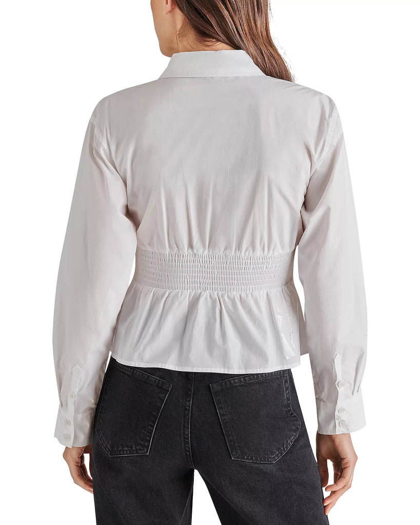 Steve Madden Marisol Top White. A smocked bustier shape adds a dab of daring to this otherwise crisp cotton blouse, perfect for work, dinner or everyday wear.