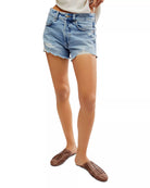 Free People Now or Never Denim Short Blue. Keep it casual-cool in these non-stretch denim shorts punctuated with a feathery frayed hem, these denim shorts will be your go-to for seasons to come.