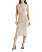 Steve Madden Amirah Sweater Dress Oatmeal. Introduce some effortless style to your spring wardrobe with the Amirah Dress. This dropped stitch tank dress features open side slits for a breezy feel while still maintaining a bodycon fit.