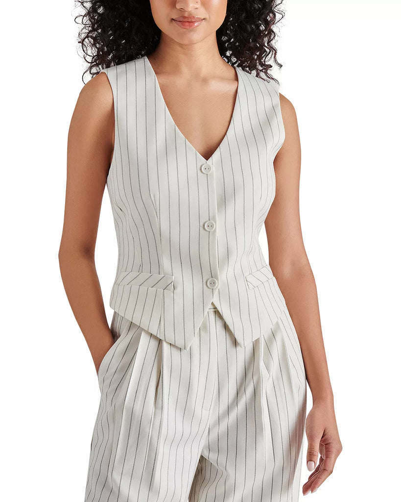 Steve Madden Selene Vest Cream. Elevate your business attire with the Selene Vest. This stylish pinstripe vest top features a three-button closure for a menswear-inspired look. Tailored for a professional fit, this vest is a must-have for modern business fashion.