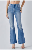Hidden Clean Stretch Flare Medium Blue. These flare jeans are the perfect everyday pair to add to your closet, with a clean design and high waist fit made with extra stretch to keep you cute and comfortable all day long!