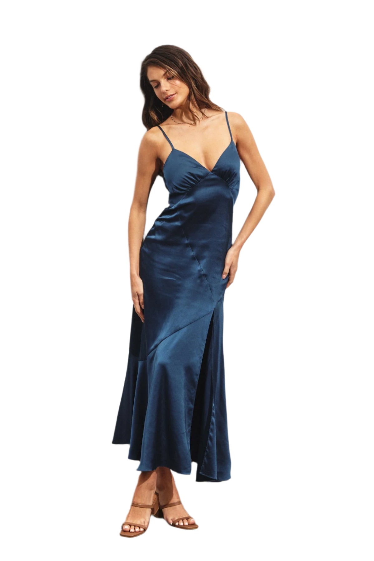 Sleeveless Satin Midi Slip Dress in Dark Sapphire Blue
