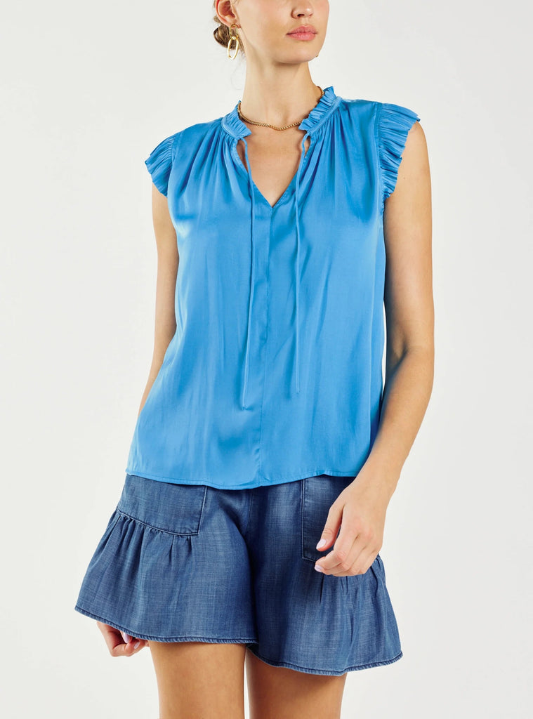 Current Air Pleated Sleeve Ruffle Blouse Tranquil Blue. This pleated sleeve top is cut for a loose, easy fit and features a flattering split neckline with ruffle trim and tie detailing, a new favorite for your everyday wardrobe.