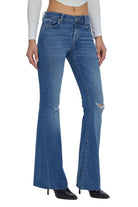 Hidden Happi Distressed Flare Medium Dark. These low rise stretch flare jeans feature subtle distressing at the knee and a medium wash, they pair perfect with any top, tee or sweater in your closet.