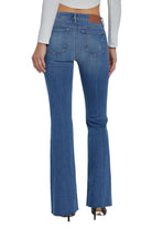 Hidden Happi Distressed Flare Medium Dark. These low rise stretch flare jeans feature subtle distressing at the knee and a medium wash, they pair perfect with any top, tee or sweater in your closet.