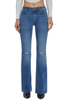 Hidden Happi Distressed Flare Medium Dark. These low rise stretch flare jeans feature subtle distressing at the knee and a medium wash, they pair perfect with any top, tee or sweater in your closet.