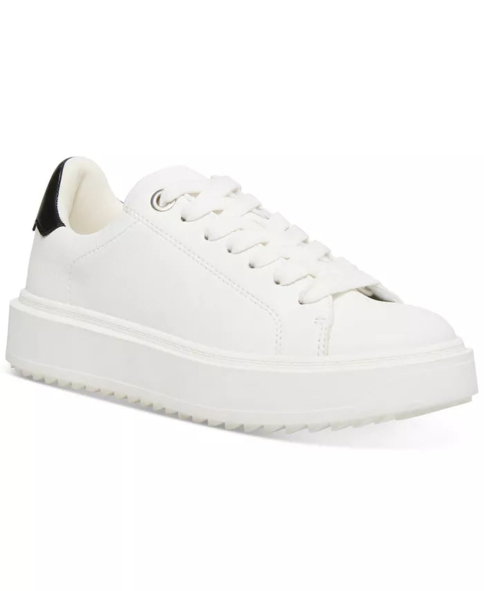 Steve Madden Charlie Sneaker White. A contrast accent at the counter interrupts the clean monochrome look of a street-chic sneaker elevated by a platform sole, perfect for everyday wear.