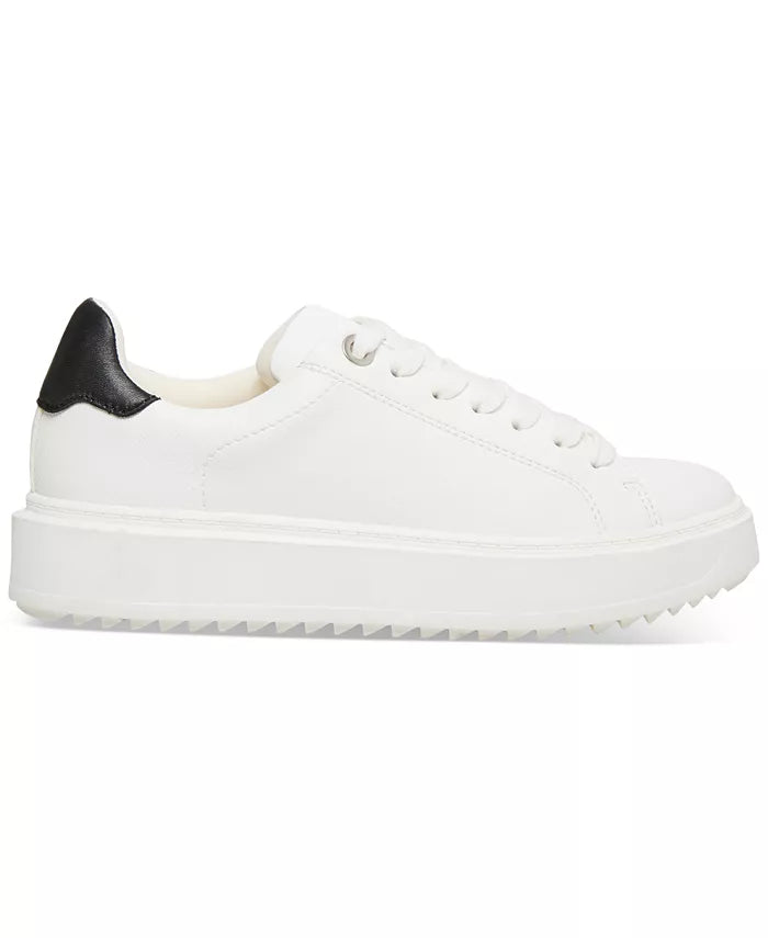 Steve Madden Charlie Sneaker White. A contrast accent at the counter interrupts the clean monochrome look of a street-chic sneaker elevated by a platform sole, perfect for everyday wear.