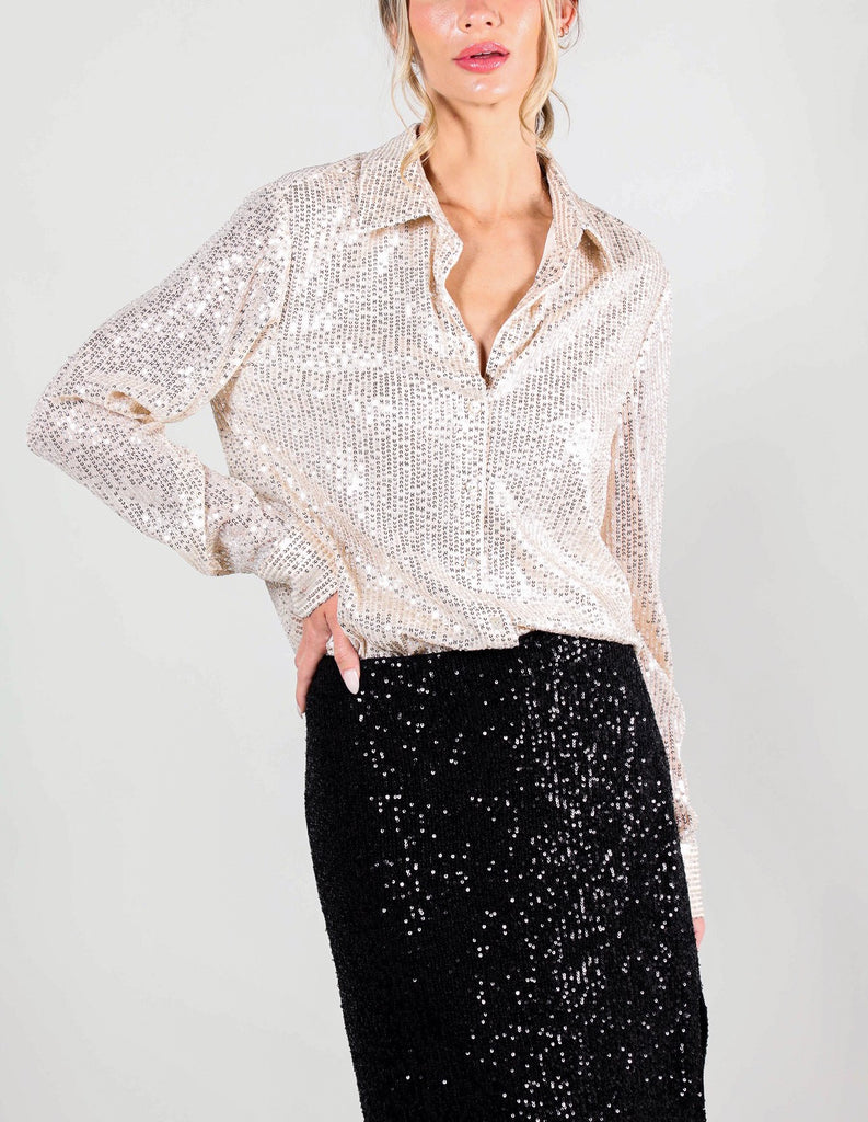 Sonia Button Down Sequin Top Champagne. This long sleeve sequin top features buttons down the front and at the cuff, wear it open over your fav top or closed for a statement sequin look.