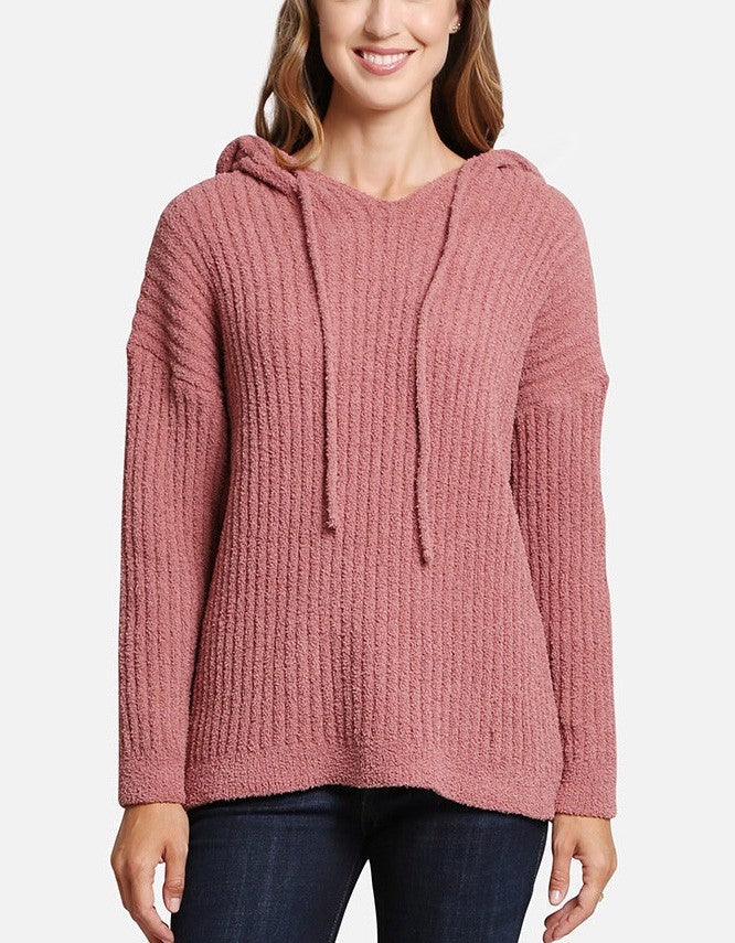 Olivia Soft Hoodie Dark Pink. This cozy hoodie features a soft ribbed fabric with ties at the front and hood in the back, perfect for hanging at home or wearing on the go with your fav leggings.