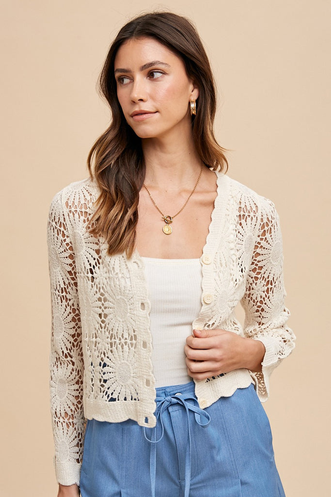 floral crochet button cardigan sweater