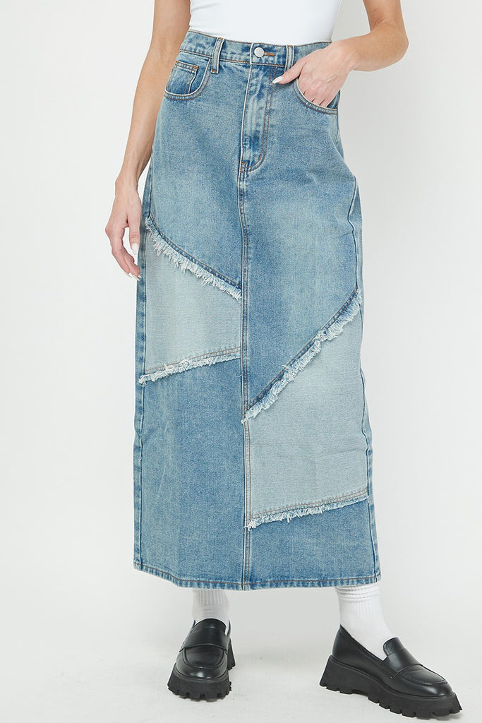 Patchwork Denim Maxi Skirt Light Blue. This patchwork denim maxi skirt is such a cool trendy item to add to your fall wardrobe, pair it with a basic see for a casual look or dress it up with a fun bodysuit.