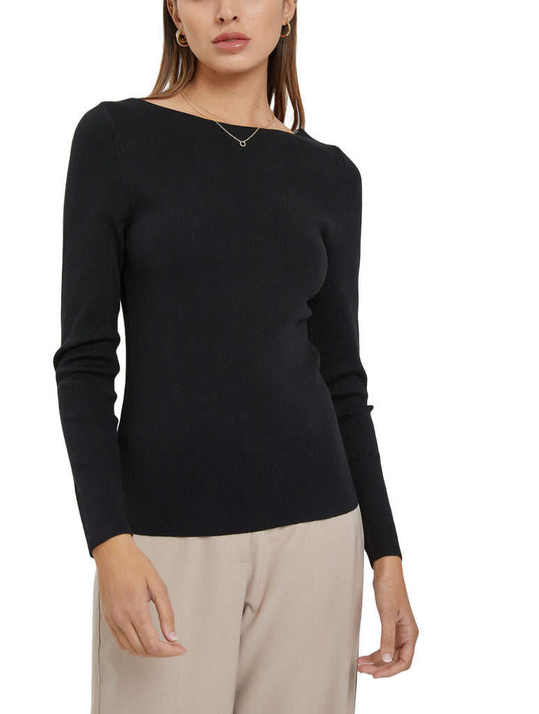 Fitted Boatneck Sweater Black. This fitted boatneck top is perfect for dressing up or down, made out of a soft lightweight fabric, it pairs effortlessly with any jeans and skirt.