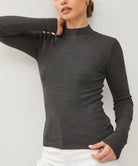 Moonbeam Long Sleeve Sweater Charcoal. This ribbed long sleeve sweater features a mock neckline and fitted design making it the perfect layering piece for everyday.