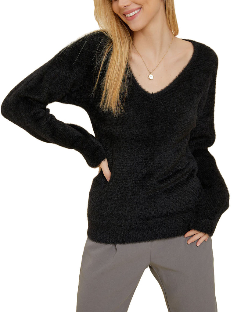 Fuzzy Luxe V-Neck Sweater Black. This sweater is made with ultra cozy fuzzy material and features a flattering v-neckline and subtle ribbing, perfect for staying warm, cozy and cute.