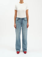 vintage wash jeans, straight leg denim, high rise jeans, relaxed fit jeans, 90s inspired denim, Whim jeans, light wash denim, full length jeans, classic blue jeans, everyday denim