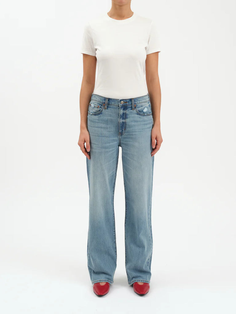 vintage wash jeans, straight leg denim, high rise jeans, relaxed fit jeans, 90s inspired denim, Whim jeans, light wash denim, full length jeans, classic blue jeans, everyday denim