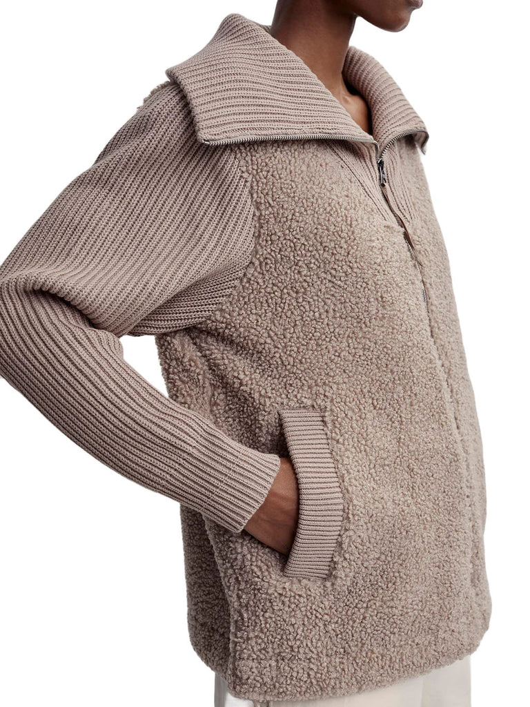 Varley Ardley Zip Through Etherea. Chunky cotton knit and boucle sherpa combine to create the Ardley, a super soft oversized layer, the perfect piece for your fall wardrobe.